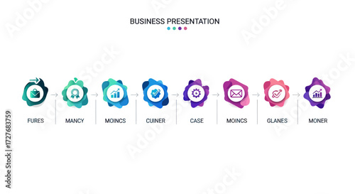 A set of eight colorful abstract infographic elements with business icons for a presentation timeline or process steps.