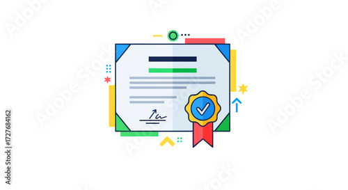Colorful Illustrated Certificate with Gold Seal and Checkmark for Achievement.