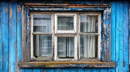 Wallpaper Mural Aged, weathered, blue wooden structure with a white-framed window, showcasing the passage of time and decay. Torontodigital.ca