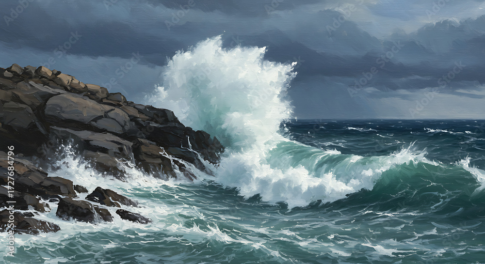 Fototapeta premium Ocean waves crashing against rocky shore under dramatic sky 