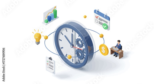 Isometric Clock with Business Icons Representing Time Management and Productivity.