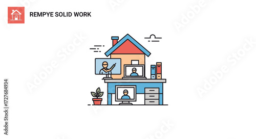 Home office setup with multiple computer screens and house illustration.