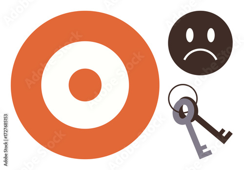 Orange target, sad face, and two vintage keys highlighting concepts of goals, failure, and unlocking potential. Ideal for problem-solving, decision-making, goal-setting, motivation achievement