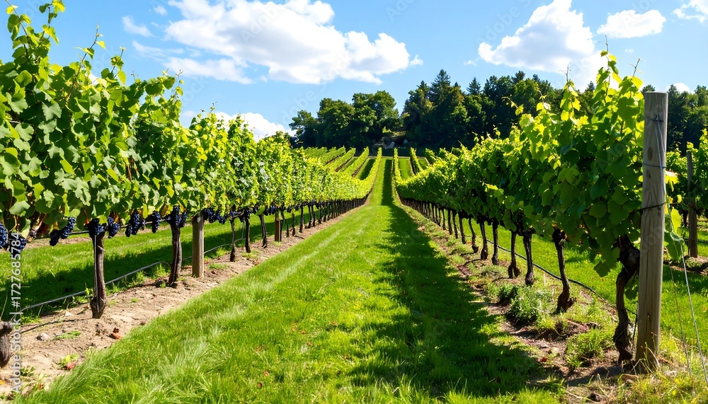 Obraz premium Vineyard vines in sunny sky. Grapes and lush green leaves against a blue sky backdrop
