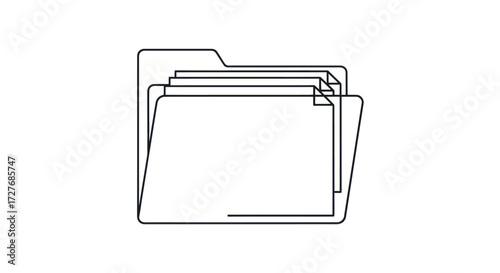 Line art illustration of multiple open file folders with documents.