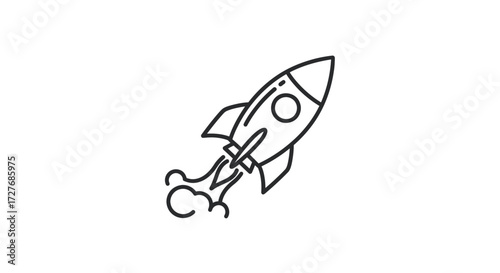 Stylized Line Art Rocket Launching into Space with Exhaust Flames.