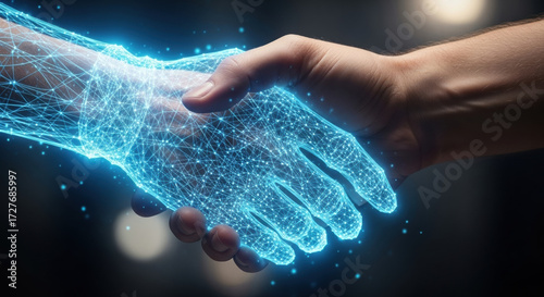 Human shaking digital hand represents ai partnership. This symbolic handshake illustrates future of trust governance regulation and ethics in modern technology