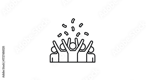 Line art icon of a joyful group celebrating with confetti falling.