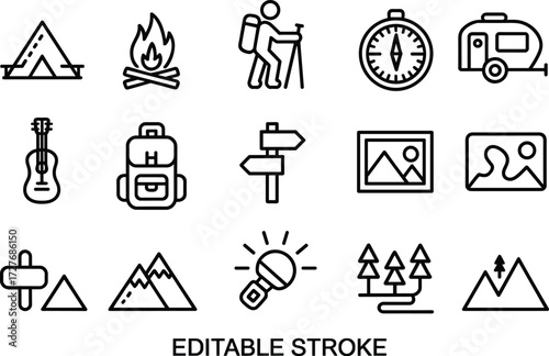 Camping and hiking editable stroke icon set, backpack travel vector, tent fire compass caravan mountain signs, outdoor adventure exploration line art collection