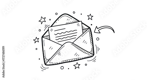 Hand-drawn Sketch of Open Envelope with Letter Inside.