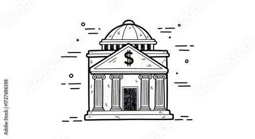 Bank Building Illustration with Dome and Dollar Sign.