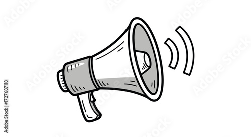 Hand-drawn sketch of a megaphone or bullhorn with sound waves representing an announcement or alert.