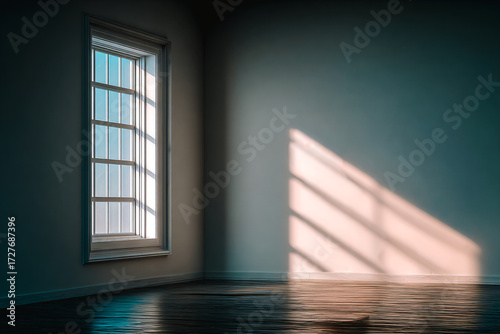 Pièce vide avec fenêtre a petits carreaux, lumière et ombre