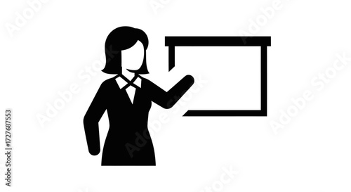 Black and White Icon of Presenting Businesswoman and Screen.