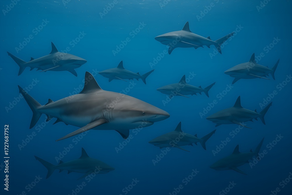 Fototapeta premium High-resolution underwater image of a group of sharks gracefully swimming together in the deep blue sea, showcasing marine life and the beauty of the ocean environment.