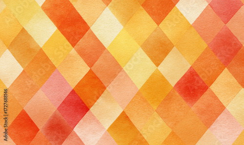 A vibrant watercolor background with a geometric diamond or harlequin pattern in warm shades of orange, yellow, and red.