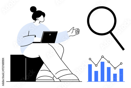 Woman with laptop gestures toward magnifying glass and ascending bar graph. Ideal for research, analytics, strategy, education, data mining, problem-solving, teamwork, simple flat metaphor