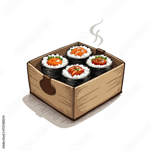 Sushi rolls in a takeaway box with steam rising on a transparent background  