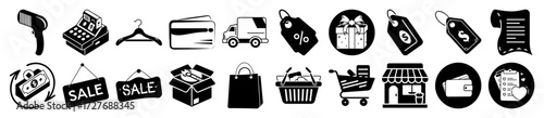 Vector art of collection of black and white shopping and retail icons, , representing commerce and sales