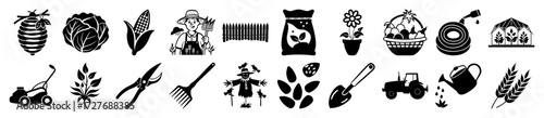 Vector art of collection of black and white icons representing gardening and farming, including vegetables, tools, and equipment, isolated on a
