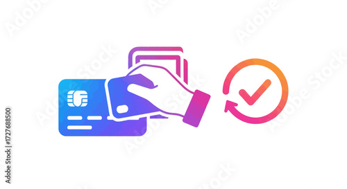 Hand Holding Credit Cards with Checkmark Icon Payment Approved.