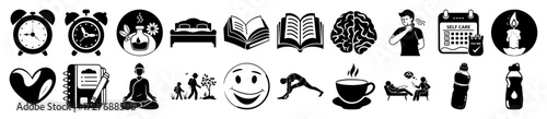 Vector art of collection of black and white icons representing selfcare, health, and wellbeing activities, isolated on a