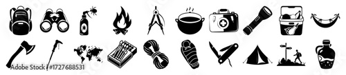Vector art of collection of camping and hiking icons, including backpack, binoculars, axe, fire, compass, pot, camera, flashlight, cooler, hammock, sleeping bag, tent, and more
