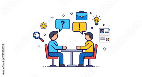 Two men sitting at a table discussing business with icons representing questions ideas and solutions.