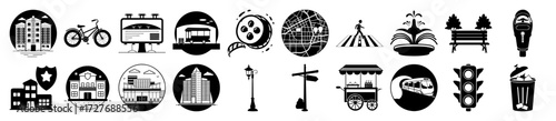 Vector art of collection of city and urban life icons, including buildings, transportation, and public amenities