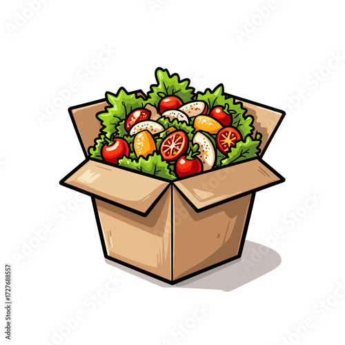 Cartoon cardboard box filled with fresh vegetables and greens on a transparent background   