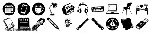 Vector art of collection of black and white icons representing office supplies, technology, and desk items, isolated on a