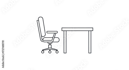 Simple Line Art of an Office Chair and Desk.