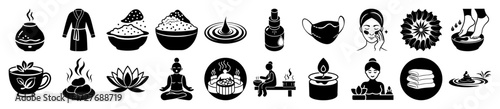 Vector art of collection of black and white icons representing spa, wellness, and relaxation, including a bathrobe, tea, lotus flower, buddha, massage, and aromatherapy