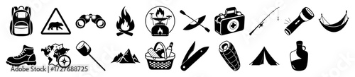 Vector art of collection of outdoor adventure and camping icons, including a backpack, boots, binoculars, campfire, tent, sleeping bag, fishing rod, flashlight, and more