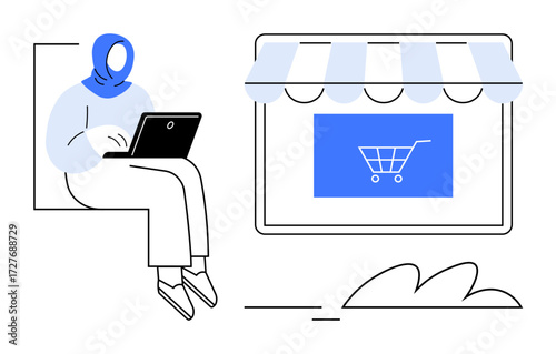 Woman in casual attire using laptop alongside a digital storefront featuring a shopping cart graphic. Ideal for e-commerce, online business, shopping, remote work, digital economy, entrepreneurship