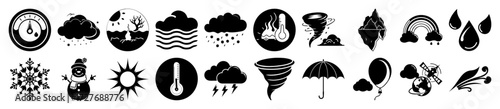 Vector art of collection of weather icons including thermometer, clouds, rain, snow, sun, tornado, rainbow, and lightning