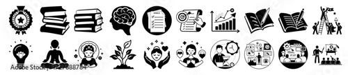 Vector art of collection of black and white icons representing education, learning, success, and personal development