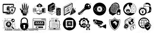 Vector art of collection of security and privacy icons, including digital lock, fingerprint, eye, key, firewall, cctv, and network security