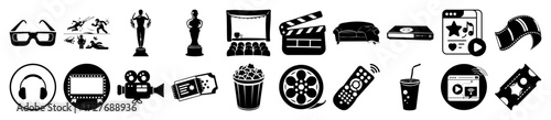 Vector art of collection of black and white cinema and entertainment icons, isolated on a, including movie tickets, popcorn, film reels, cameras, and awards
