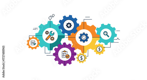Colorful gear mechanism with business icons representing a workflow system and automation.