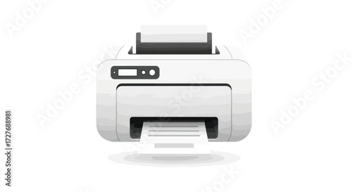 Modern white office printer with paper output tray and control panel.