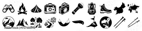 Vector art of collection of black and white camping and hiking icons, including binoculars, campfire, tent, first aid kit, flashlight, backpack, boot, and map