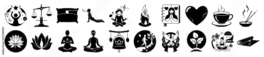 Fototapeta premium Vector art of collection of black and white icons representing wellness, meditation, yoga, balance, and selfcare