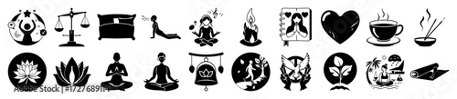 Vector art of collection of black and white icons representing wellness, meditation, yoga, balance, and selfcare