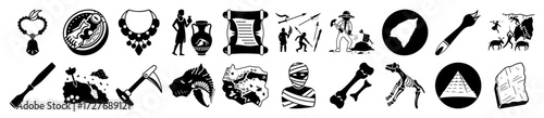 Vector art of collection of black and white icons representing archaeology, history, and ancient artifacts