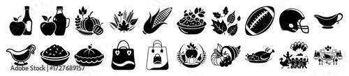 Vector art of collection of black and white icons representing thanksgiving and autumn themes, including food, harvest, and football