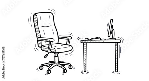 Hand-drawn illustration of an office chair and desk with computer.