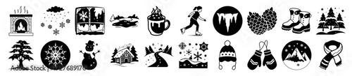 Vector art of collection of winter icons and symbols, including a fireplace, snowflakes, icicles, pinecones, boots, trees, snowman, cabin, hot drink, ice skater, and scarf