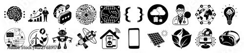 Vector art of collection of modern technology and innovation icons representing artificial intelligence, business growth, renewable energy, robotics, and digital concepts
