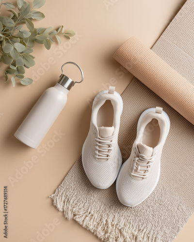 White sneakers and reusable water bottle flatlay